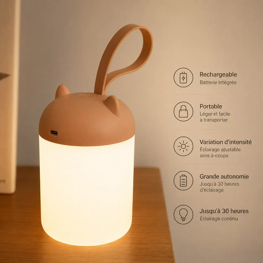 Infographie d'une veilleuse nomade terracotta à anse allumée sur un meuble en bois, détaillant ses fonctionnalités en français : rechargeable avec batterie intégrée, portable, variation d'intensité de l'éclairage et grande autonomie jusqu'à 30 heures.
