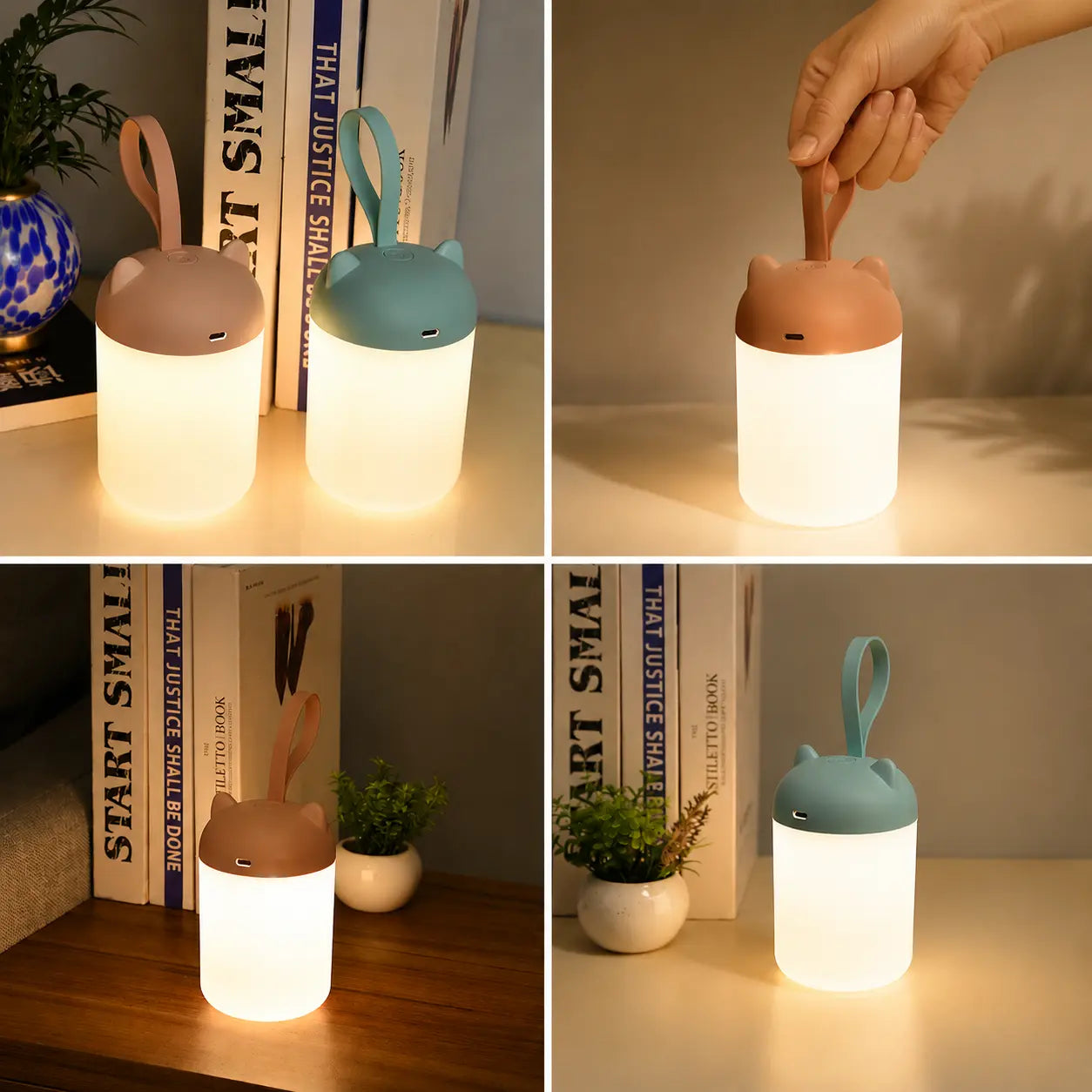 Planche produit d'une veilleuse nomade à anse allumée sous quatre angles : en duo de couleurs (terracotta et vert sauge) devant des livres, tenue par sa poignée souple, posée seule sur un meuble en bois, puis isolée sur une table claire à côté d'une petite plante.