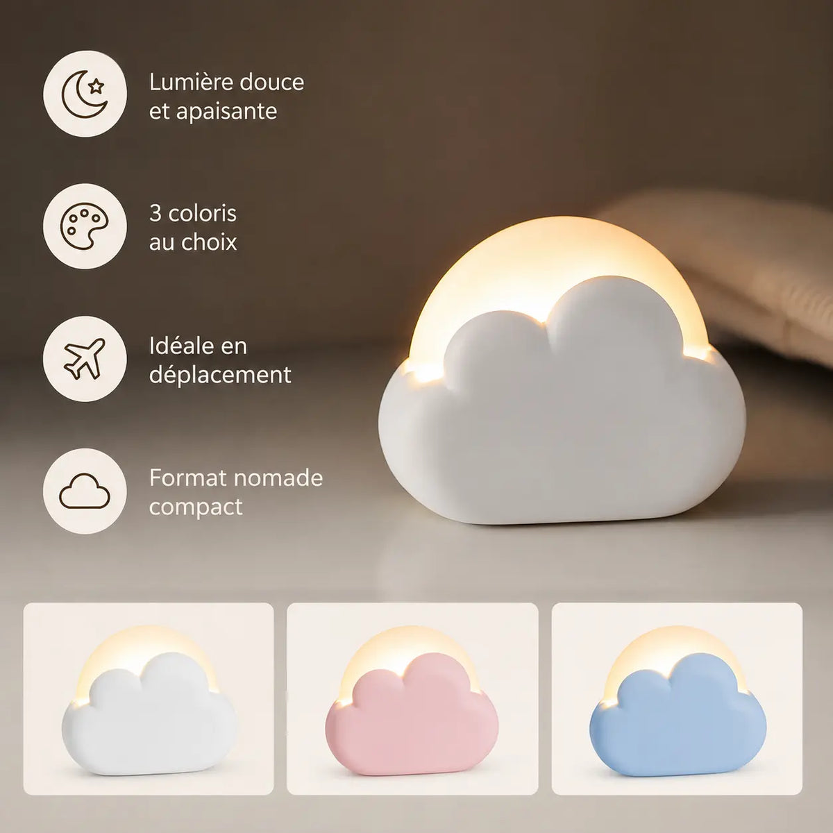 Veilleuse nomade nuage éclairée présentée avec ses fonctionnalités et ses trois coloris blanc rose et bleu
