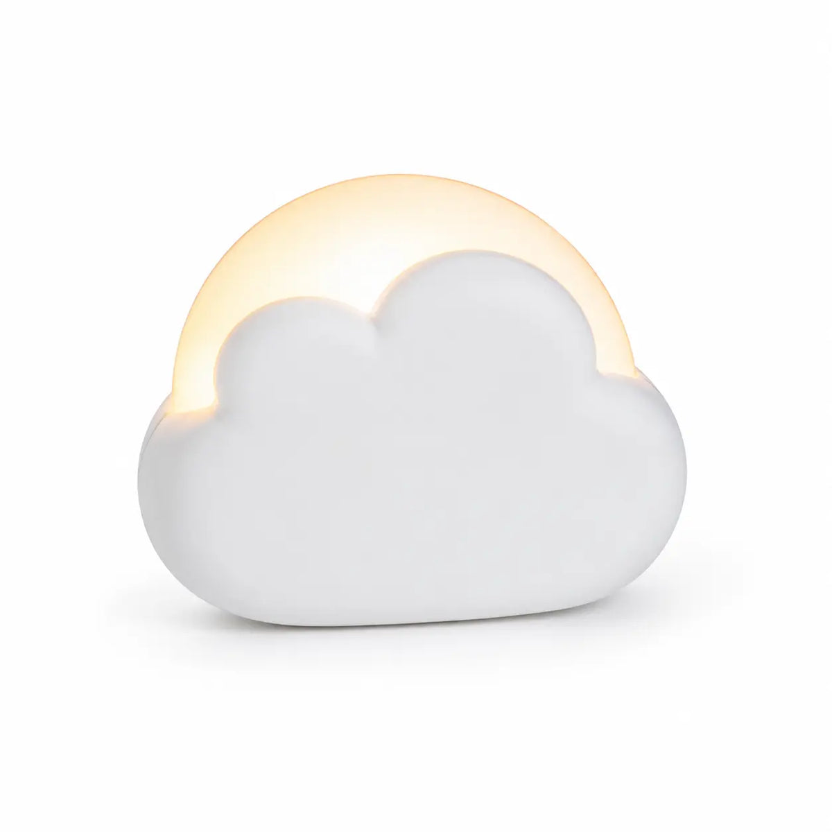 Veilleuse nomade en forme de nuage blanc diffusant une douce lumière chaude sur fond blanc