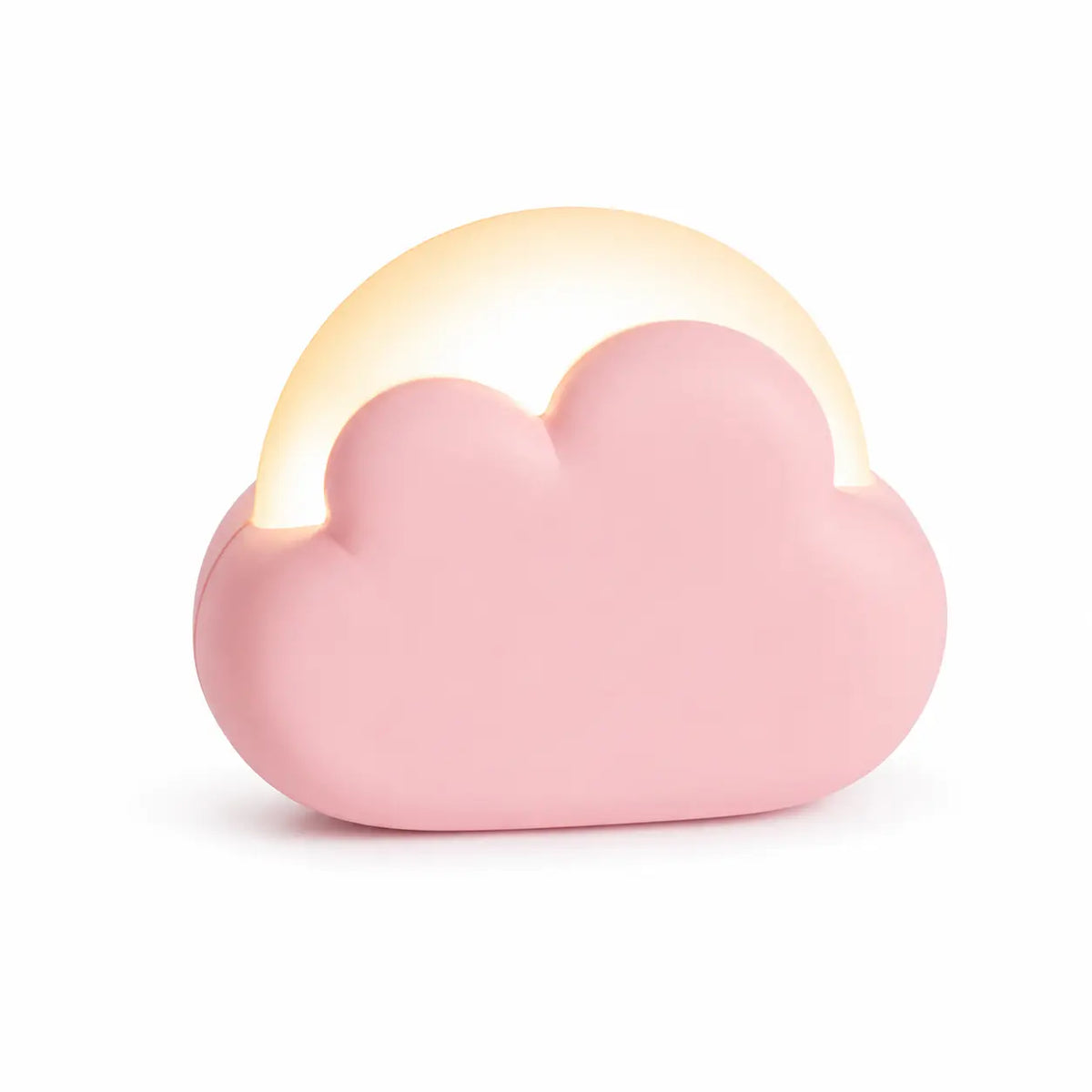 Veilleuse nomade en forme de nuage rose diffusant une douce lumière chaude sur fond blanc