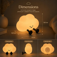 Infographie en français présentant les dimensions d'une veilleuse nuage en silicone allumée (14 x 8,3 x 9,5 cm) posée sur un meuble. La partie inférieure affiche trois vignettes montrant le produit sous différents angles : vue de face, vue de profil et vue de dos.