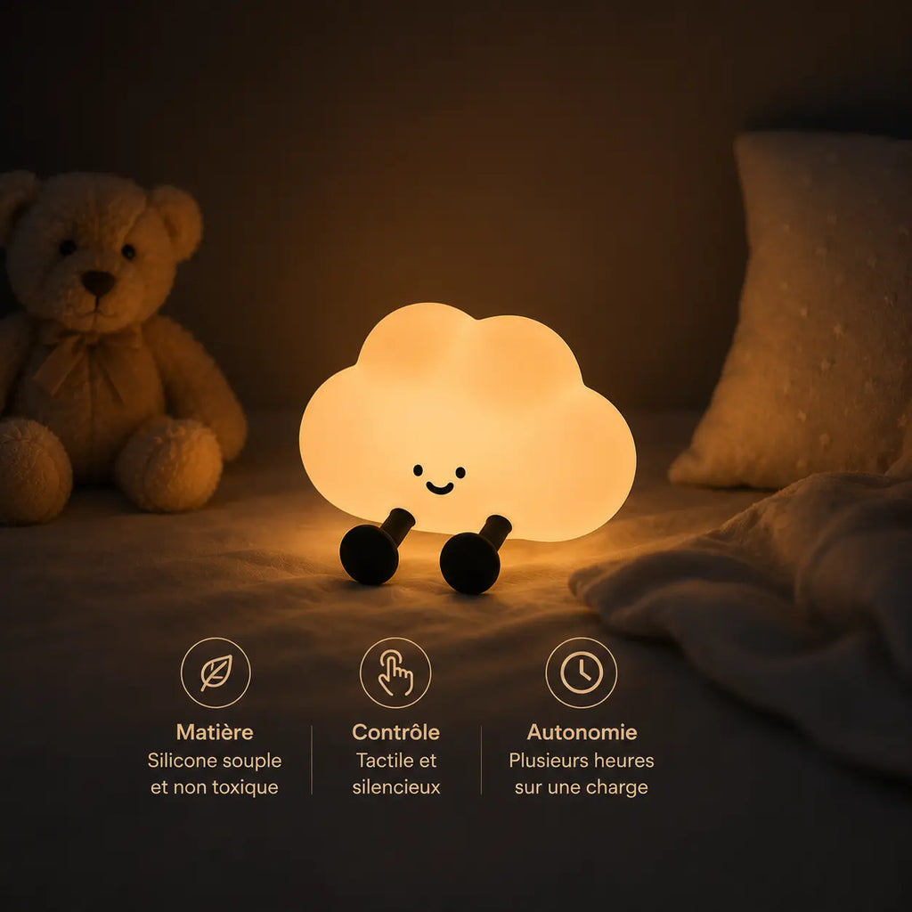 Infographie en français présentant une veilleuse nuage en silicone allumée sur un lit à côté d'un ours en peluche. Le visuel détaille trois caractéristiques au bas de l'image : matière en silicone souple et non toxique, contrôle tactile et silencieux, et une autonomie de plusieurs heures sur une charge.