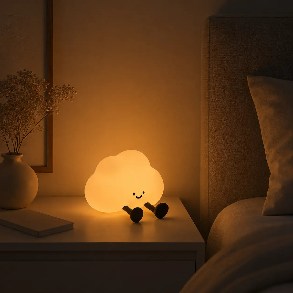 Veilleuse en silicone en forme de petit nuage à jambes allumée sur une table de chevet blanche. Elle diffuse une douce lueur chaude orangée à côté d'un lit et d'un vase de fleurs séchées, créant une ambiance calme et propice au sommeil.