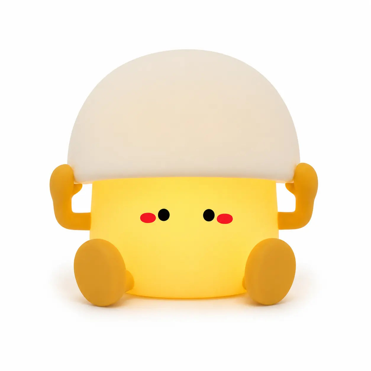 Veilleuse en silicone en forme d'oeuf à la coque mignon allumée, avec un chapeau blanc amovible en forme de blanc d'œuf et une base jaune illuminée représentant le jaune d'œuf avec des petits yeux, des joues roses et des bras jaunes, présentée de face sur fond blanc.