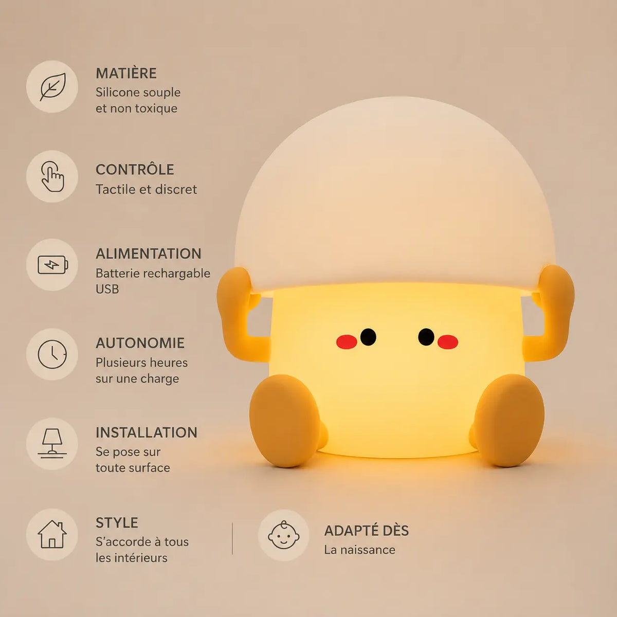 Infographie en français présentant une veilleuse œuf à la coque en silicone allumée sur fond beige, détaillant ses caractéristiques : silicone souple et non toxique, contrôle tactile discret, batterie rechargeable USB, plusieurs heures d’autonomie, pose libre et adaptée dès la naissance.