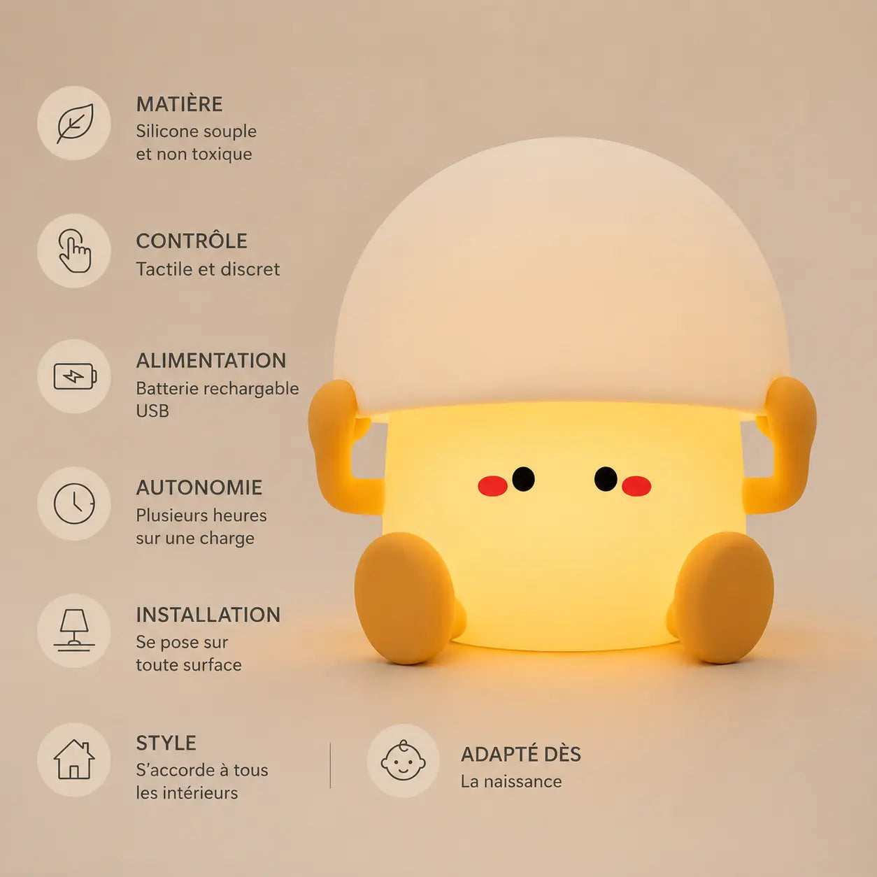 Infographie en français présentant une veilleuse œuf à la coque en silicone allumée sur fond beige, détaillant ses caractéristiques : silicone souple et non toxique, contrôle tactile discret, batterie rechargeable USB, plusieurs heures d’autonomie, pose libre et adaptée dès la naissance.
