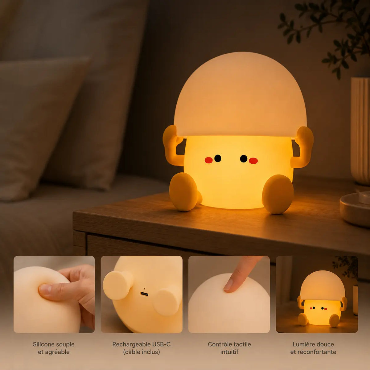 Veilleuse œuf à la coque allumée sur une table de chevet en bois dans une chambre. Quatre vignettes en bas détaillent ses fonctionnalités : la texture du silicone souple pressée par un doigt, le port de recharge USB-C à la base, le contrôle tactile intuitif sur le dessus, et le rendu final d'une lumière douce et réconfortante.