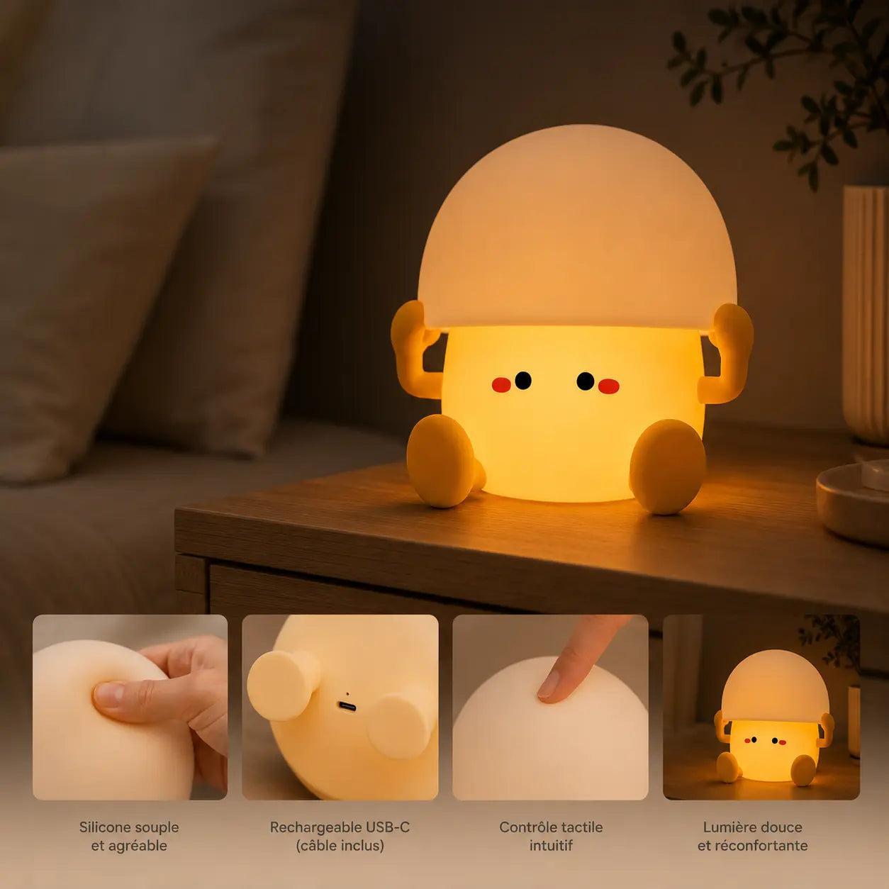 Veilleuse œuf à la coque allumée sur une table de chevet en bois dans une chambre. Quatre vignettes en bas détaillent ses fonctionnalités : la texture du silicone souple pressée par un doigt, le port de recharge USB-C à la base, le contrôle tactile intuitif sur le dessus, et le rendu final d'une lumière douce et réconfortante.