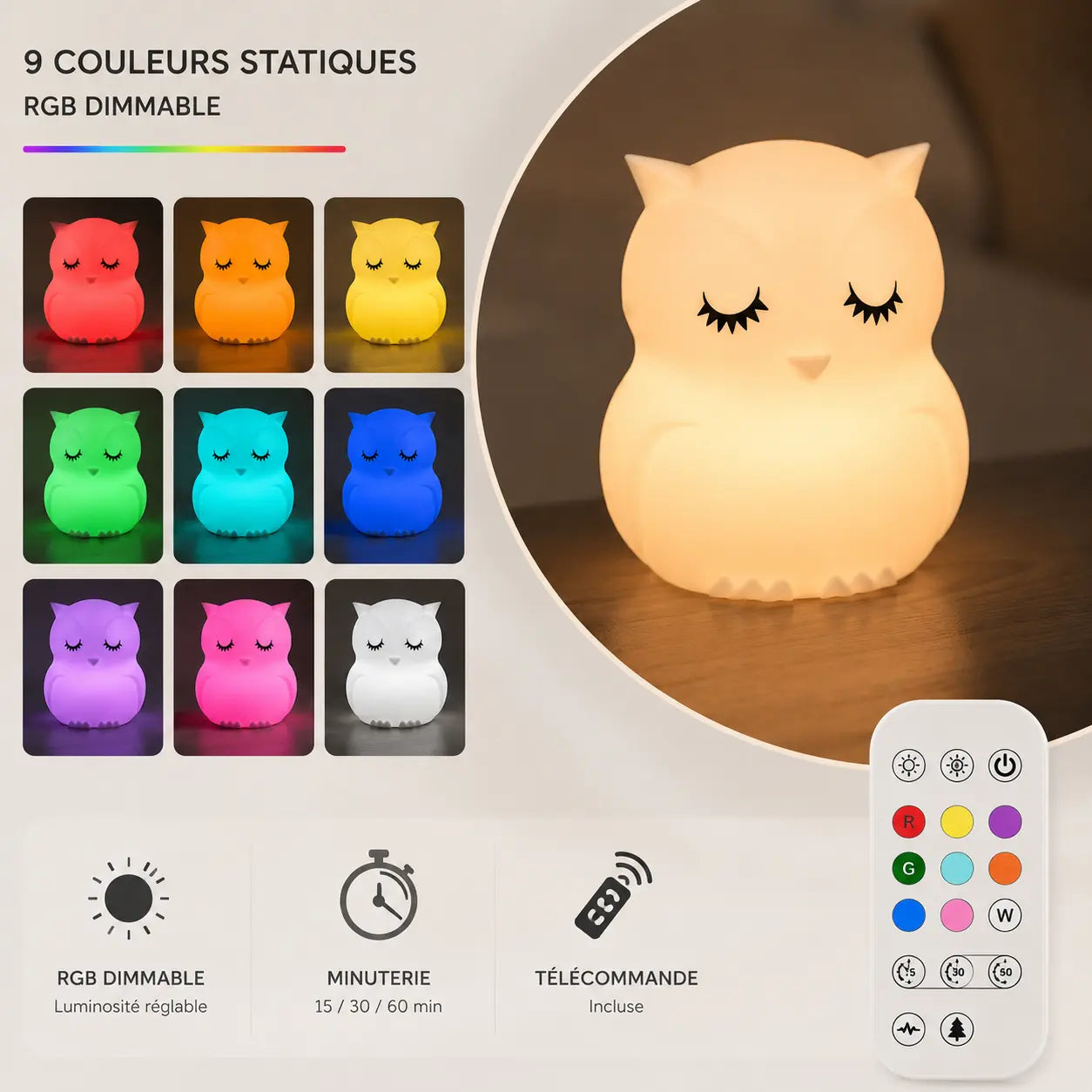 Infographie en français présentant les neuf couleurs statiques réglables, la minuterie et la télécommande incluse de la veilleuse chouette.