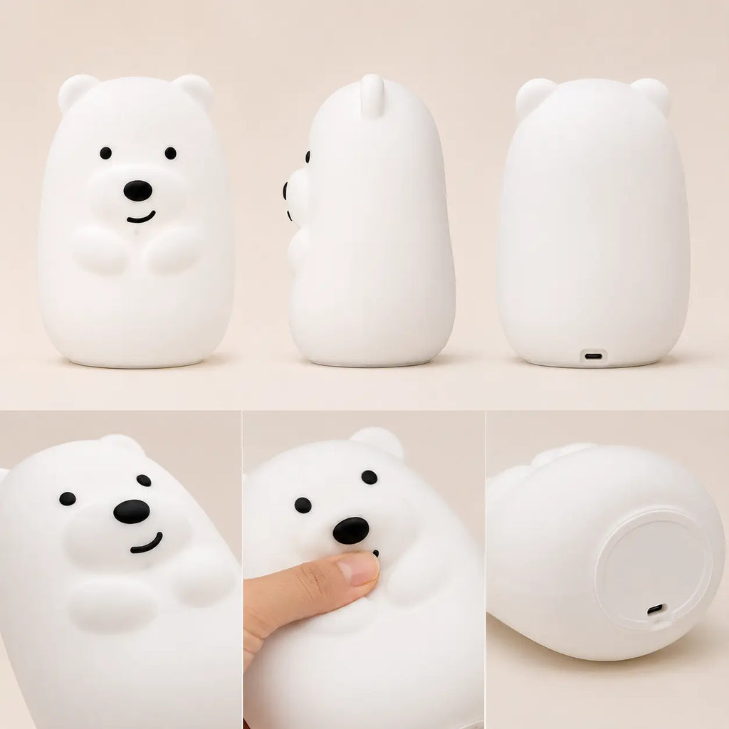 Différents angles de vue, texture souple en silicone et détails du dessous de la veilleuse en forme de petit ours blanc.