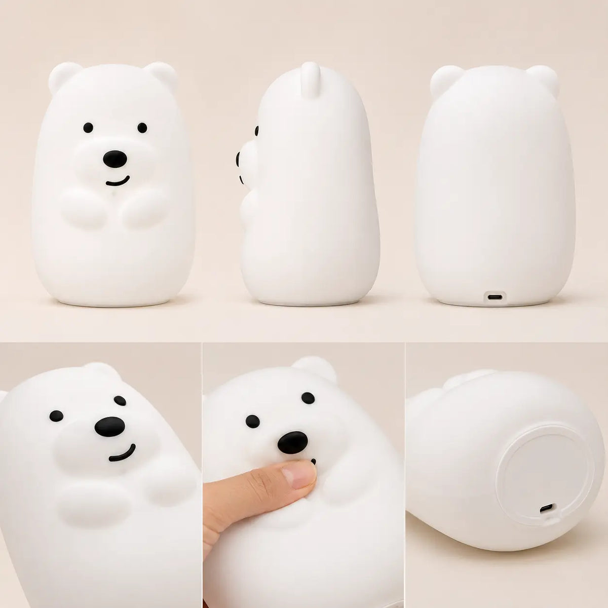 Différents angles de vue, texture souple en silicone et détails du dessous de la veilleuse en forme de petit ours blanc.