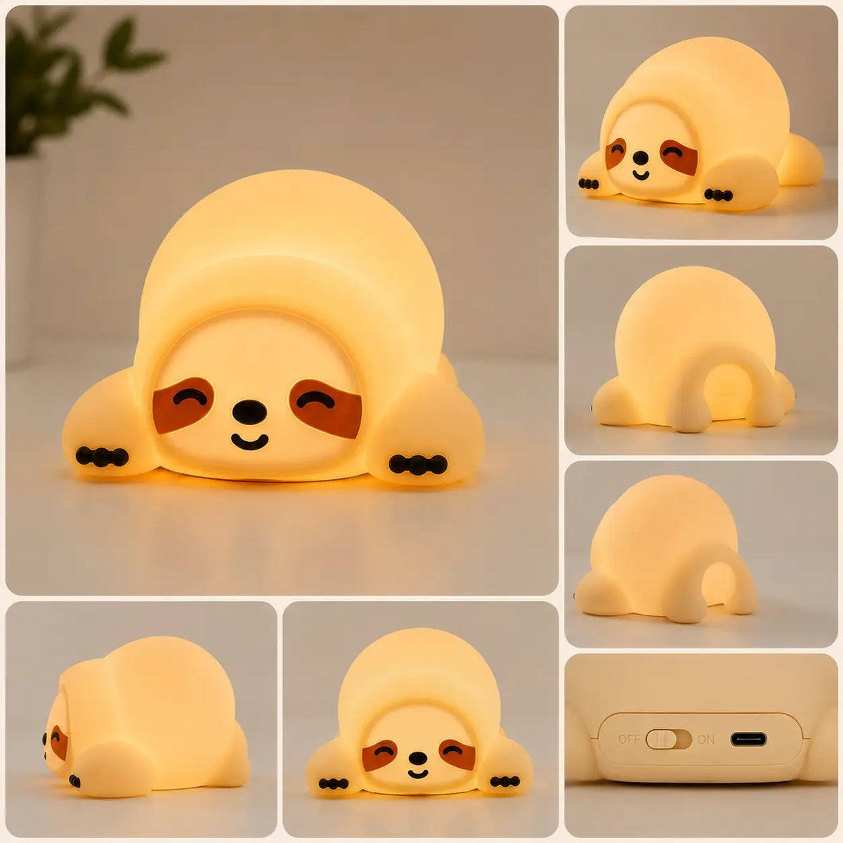 Mosaïque présentant une veilleuse paresseux en silicone allumée sous divers angles (face, profil, dos). Le visuel inclut un zoom sur sa base avec l'interrupteur ON/OFF et le port de charge USB.