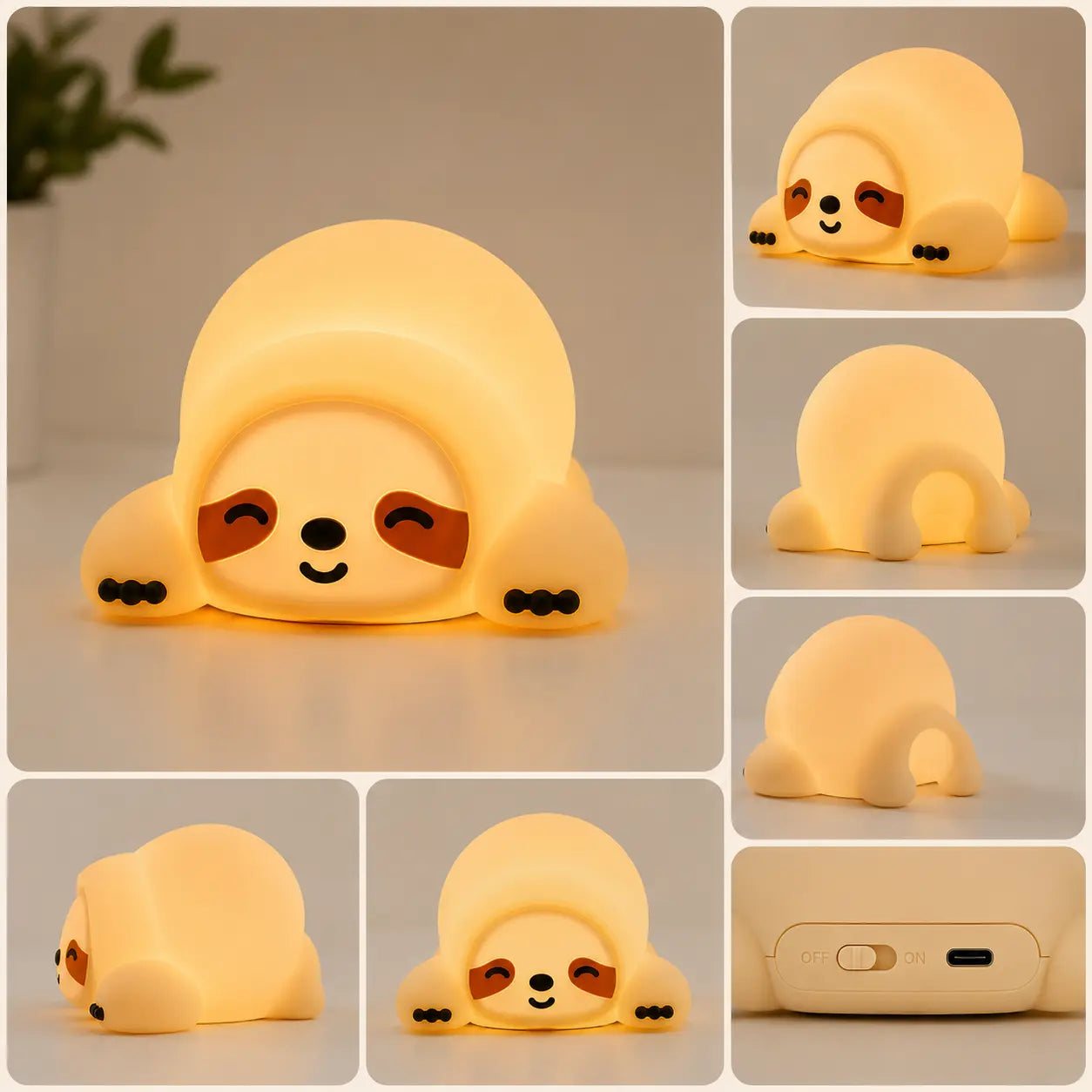 Mosaïque présentant une veilleuse paresseux en silicone allumée sous divers angles (face, profil, dos). Le visuel inclut un zoom sur sa base avec l'interrupteur ON/OFF et le port de charge USB.