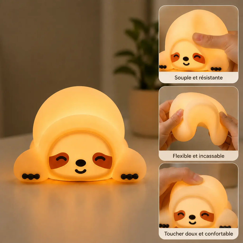 Infographie en français présentant une veilleuse paresseux en silicone allumée. Trois vignettes à droite illustrent sa matière malléable pressée et déformée par des mains, avec les mentions : "Souple et résistante", "Flexible et incassable" et "Toucher doux et confortable".
