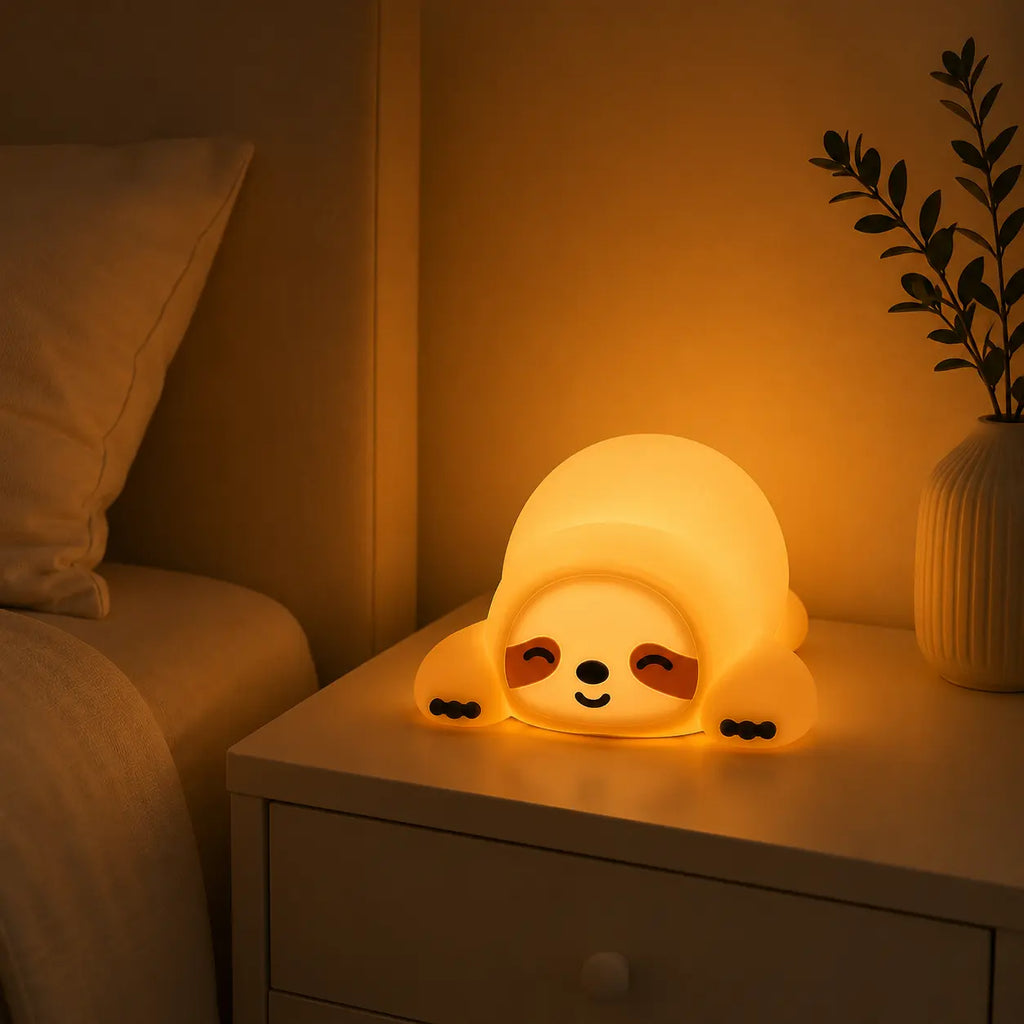 Veilleuse en silicone en forme de petit paresseux allumée sur une table de chevet blanche. Elle diffuse une douce lueur chaude orangée à côté d'un lit et d'un vase avec une branche feuillue, créant une ambiance calme et propice au sommeil.