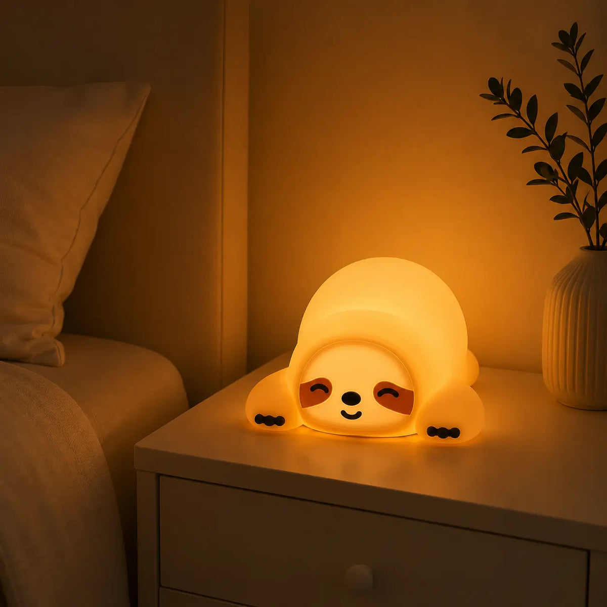 Veilleuse en silicone en forme de petit paresseux allumée sur une table de chevet blanche. Elle diffuse une douce lueur chaude orangée à côté d'un lit et d'un vase avec une branche feuillue, créant une ambiance calme et propice au sommeil.