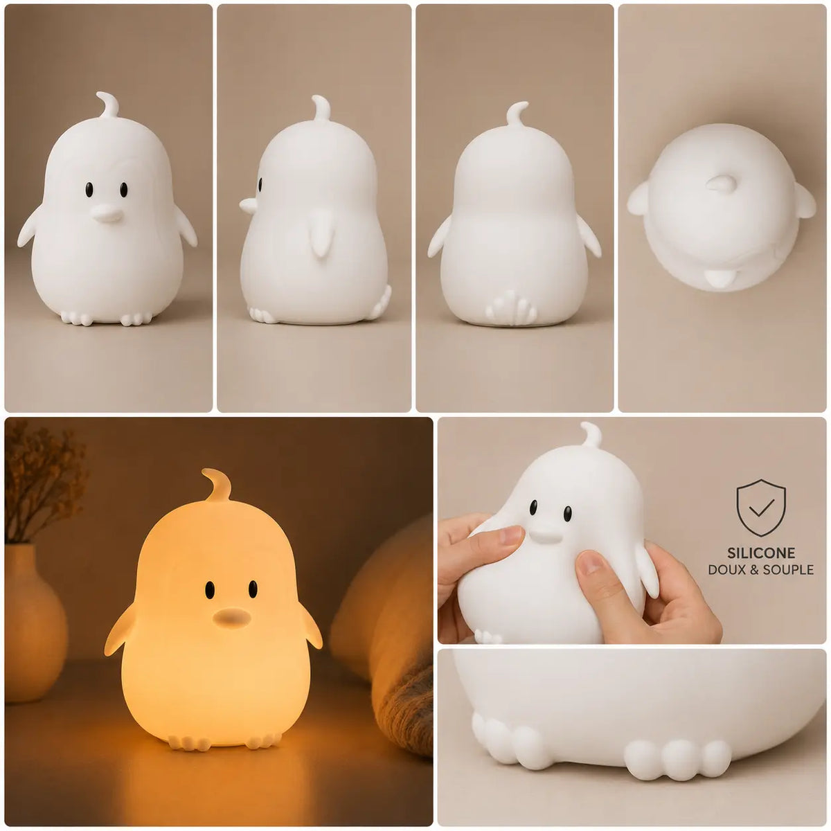 Différents angles de vue, texture souple en silicone et éclairage chaleureux de la veilleuse en forme de petit pingouin.
