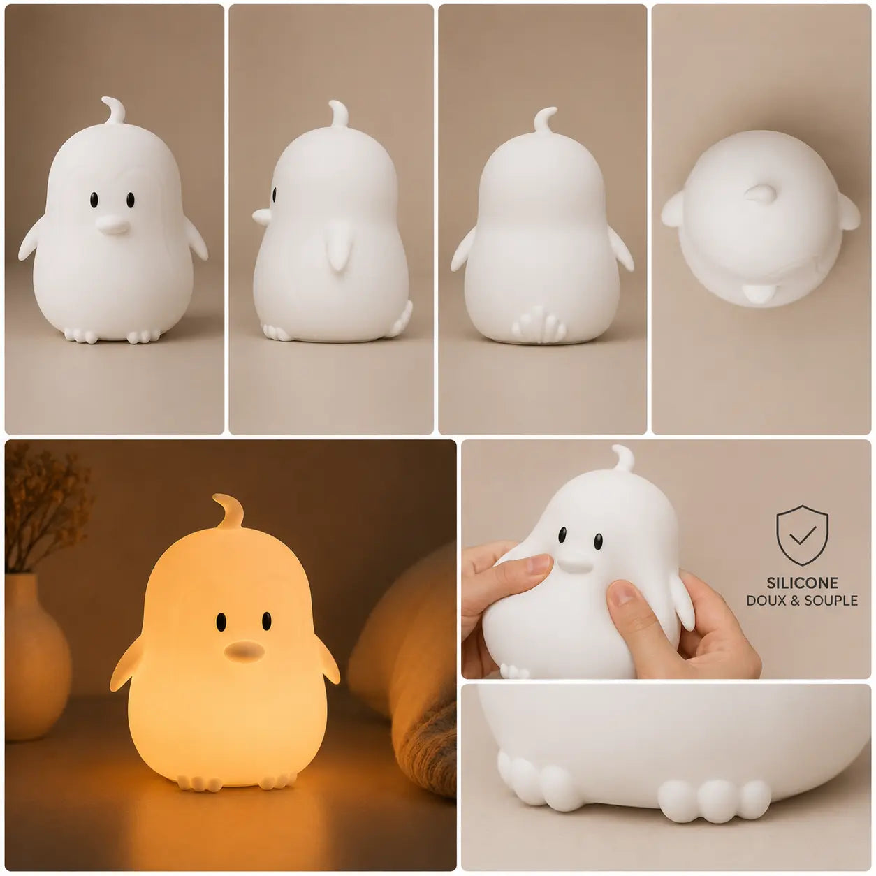 Différents angles de vue, texture souple en silicone et éclairage chaleureux de la veilleuse en forme de petit pingouin.