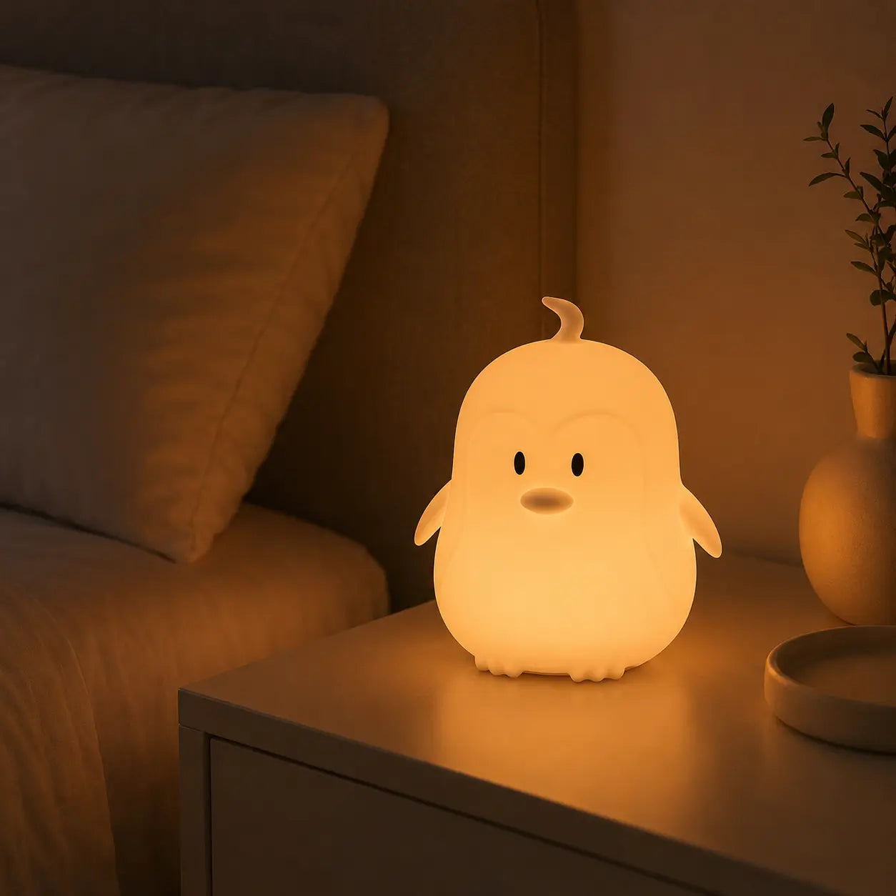 Veilleuse en forme de petit pingouin allumée posée sur une table de chevet dans l'obscurité.