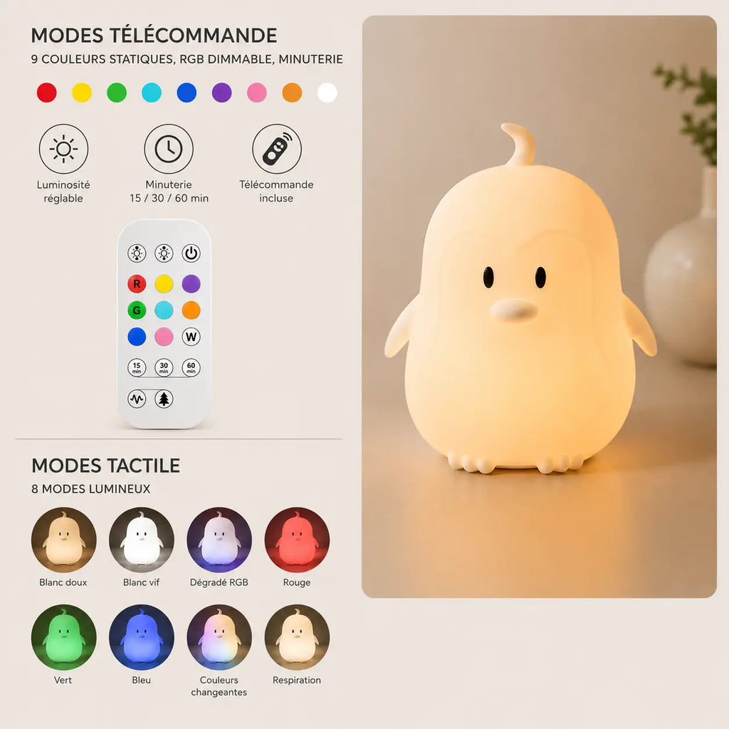 Infographie en français détaillant les modes télécommande et les modes tactiles de la veilleuse pingouin.