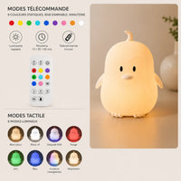 Infographie en français détaillant les modes télécommande et les modes tactiles de la veilleuse pingouin.