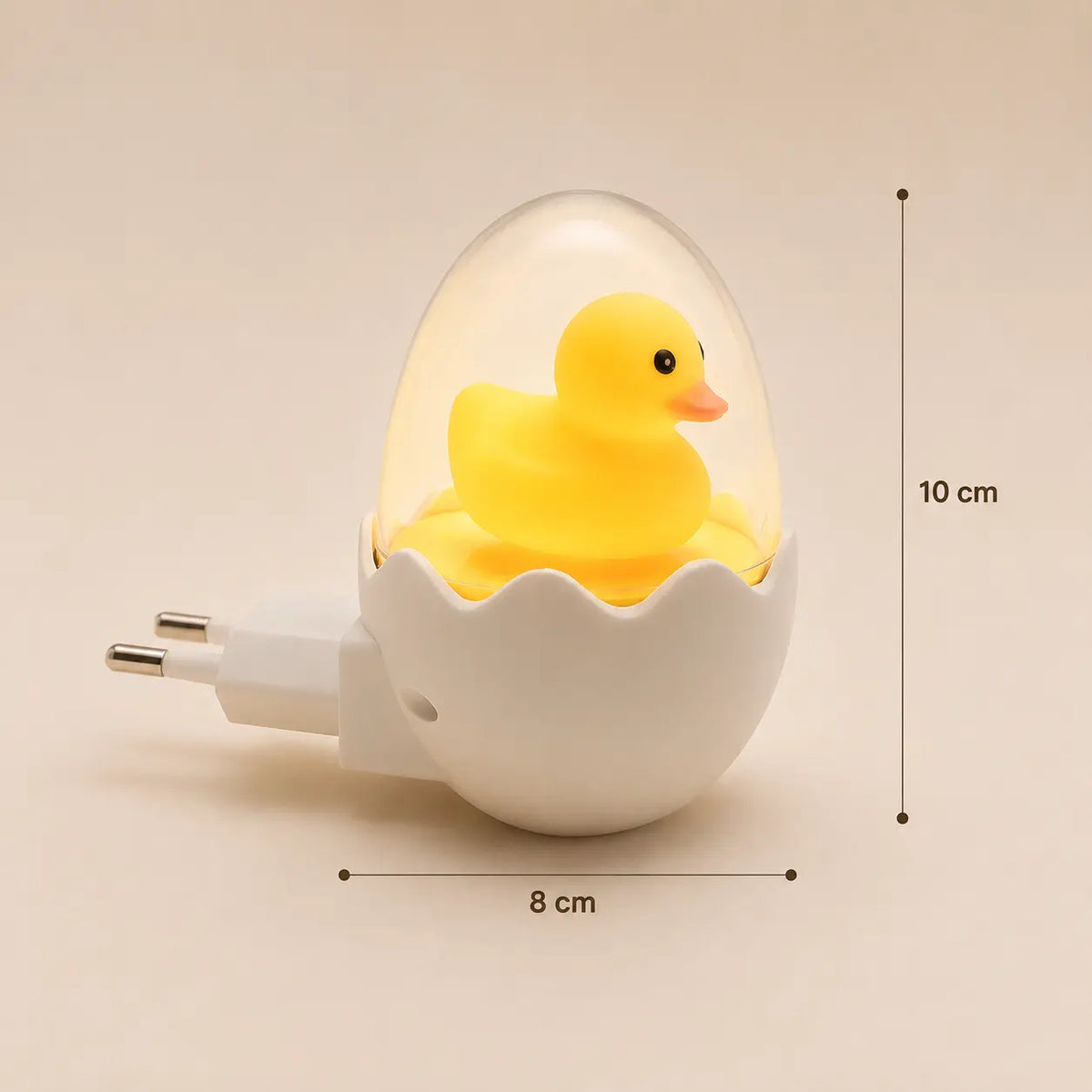 Visuel des dimensions de la veilleuse prise canard indiquant une hauteur de 10 cm et une largeur de 8 cm