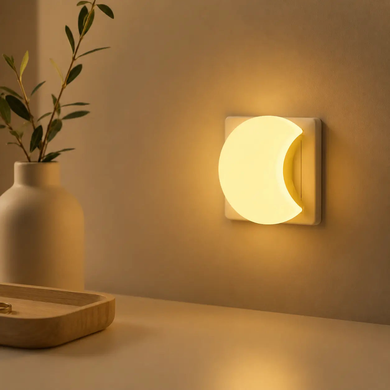 Veilleuse en forme de lune branchée sur une prise murale, diffusant une lumière chaude et apaisante à côté d'un vase décoratif.