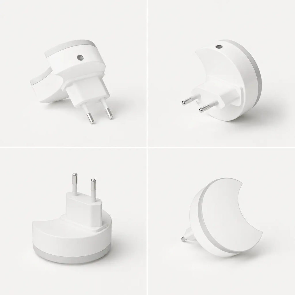 Quatre vues sous différents angles de la veilleuse prise lune montrant le design compact du boîtier et les fiches de la prise.