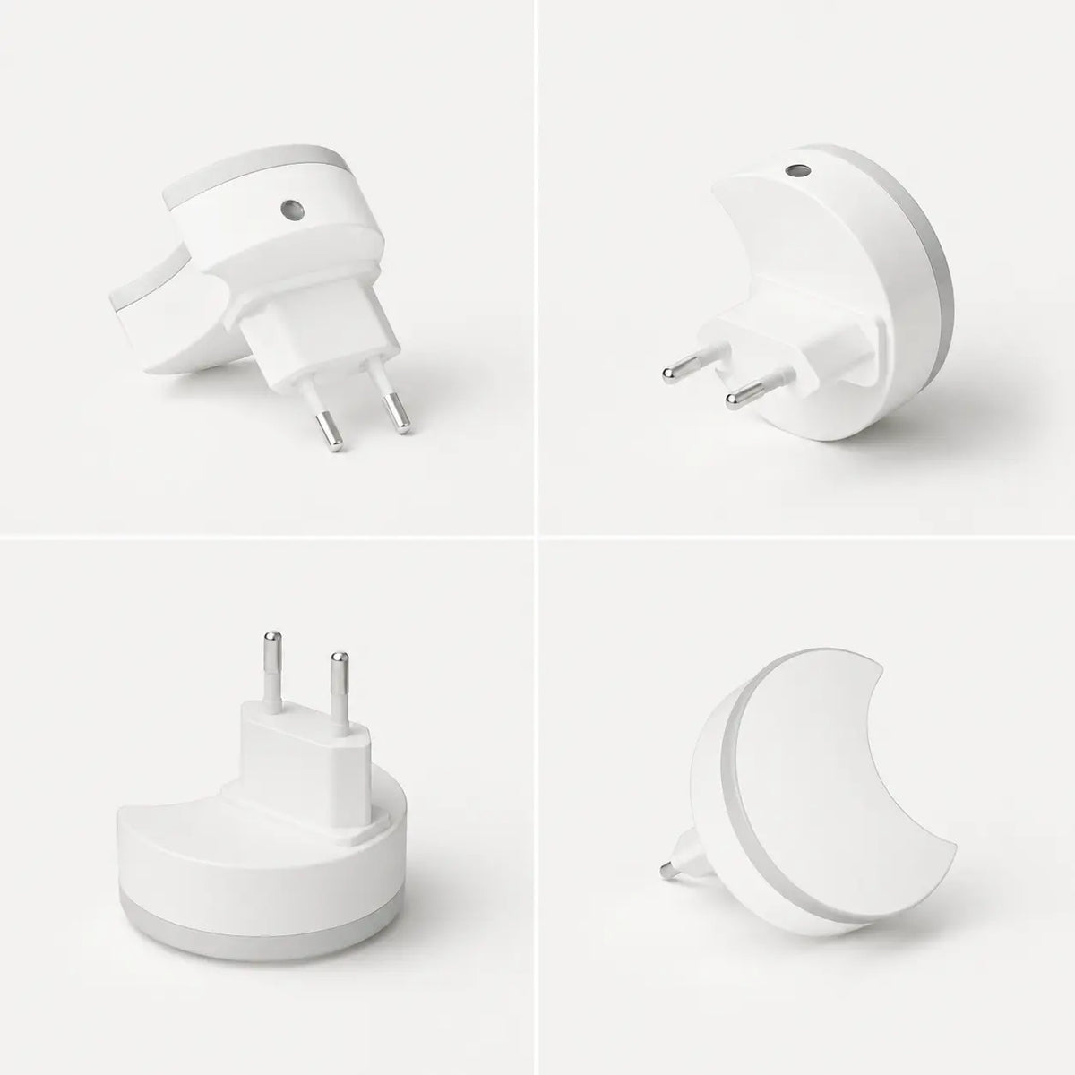 Quatre vues sous différents angles de la veilleuse prise lune montrant le design compact du boîtier et les fiches de la prise.