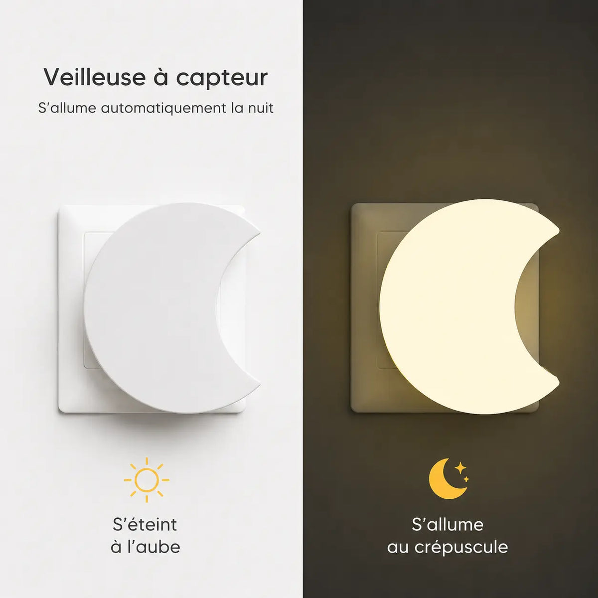 Infographie comparative montrant la veilleuse lune qui s'éteint automatiquement à l'aube et s'allume au crépuscule.