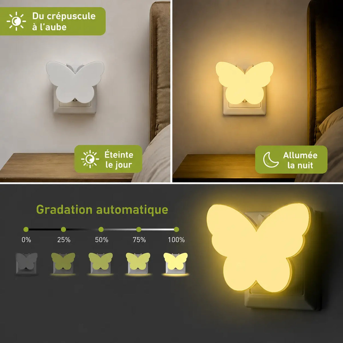 Infographie montrant le fonctionnement du capteur crépusculaire et les niveaux de gradation automatique de la veilleuse prise papillon.