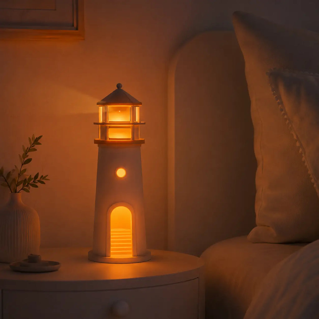 Veilleuse phare allumée sur une table de chevet diffusant une lumière chaude et apaisante dans une chambre