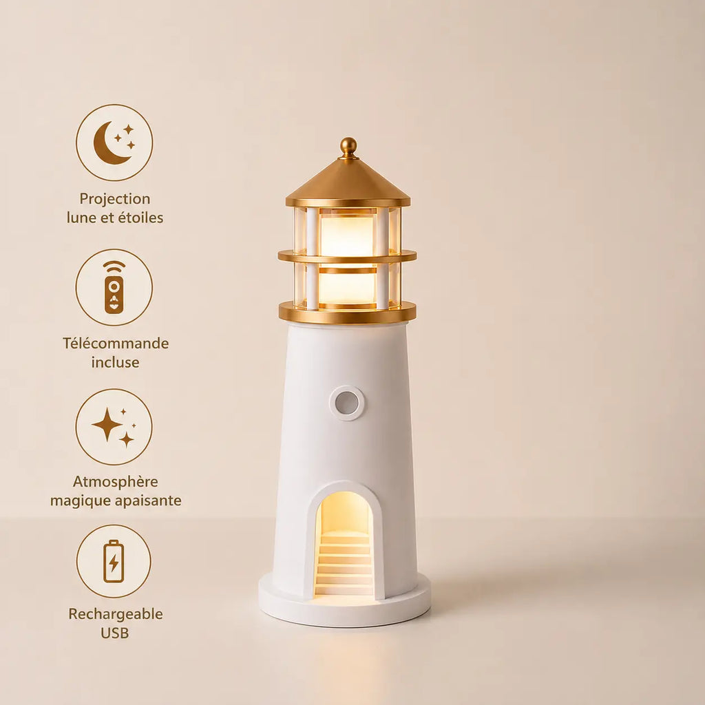 Veilleuse phare lumineuse présentant ses fonctionnalités de projection lune et étoiles télécommande et batterie rechargeable usb