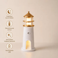 Veilleuse phare lumineuse présentant ses fonctionnalités de projection lune et étoiles télécommande et batterie rechargeable usb
