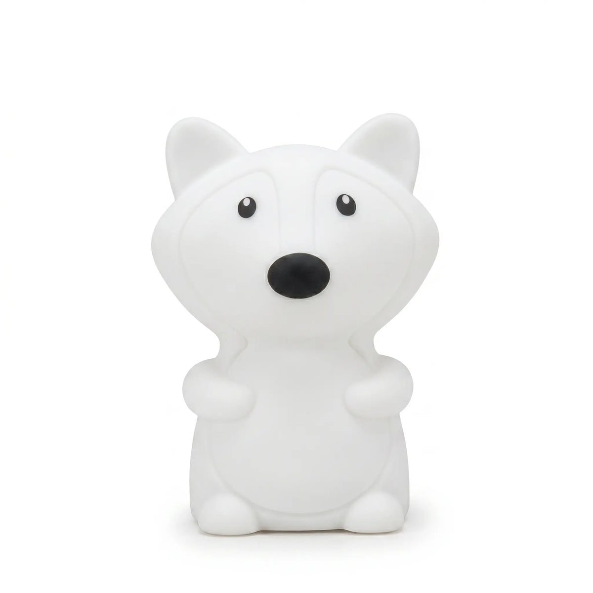 Veilleuse en silicone en forme de petit renard blanc, sur un fond blanc.