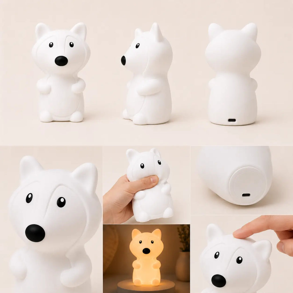 Différents angles de vue, texture souple en silicone, contrôle tactile et détails de la veilleuse en forme de petit renard blanc.