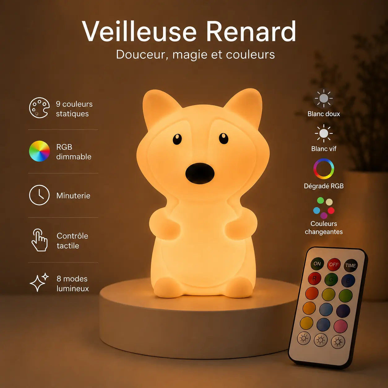 Infographie en français détaillant les fonctionnalités, modes lumineux et télécommande de la veilleuse en forme de renard allumée.