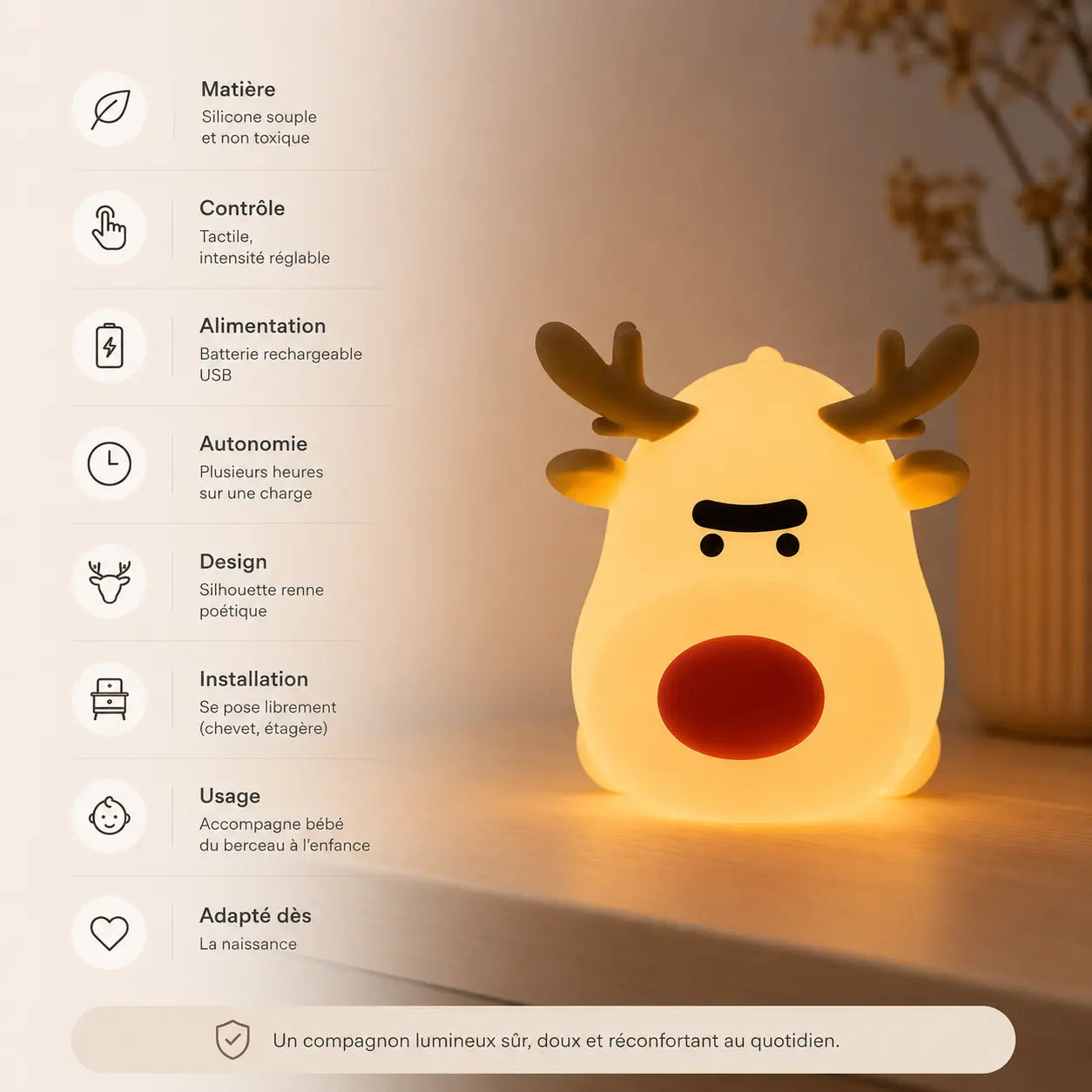 Infographie en français présentant une veilleuse renne au nez rouge allumée sur un meuble en bois, détaillant ses points forts : silicone souple et non toxique, contrôle tactile à intensité réglable, batterie USB, grande autonomie, design poétique, pose libre et adaptée dès la naissance.