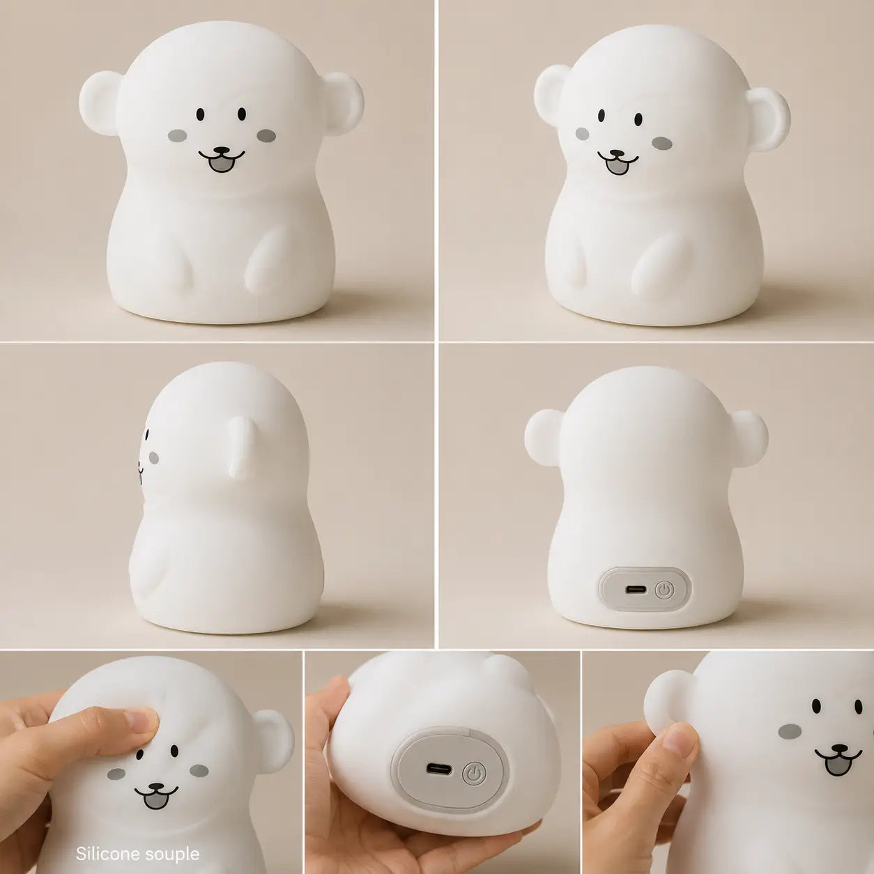 Différents angles de vue, texture souple en silicone et détails de la veilleuse en forme de petit singe blanc.