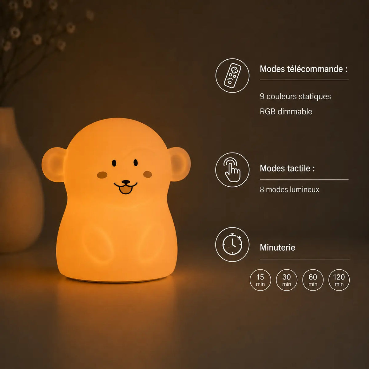 Infographie en français décrivant les modes télécommande, tactile et minuterie de la veilleuse en forme de singe allumée.