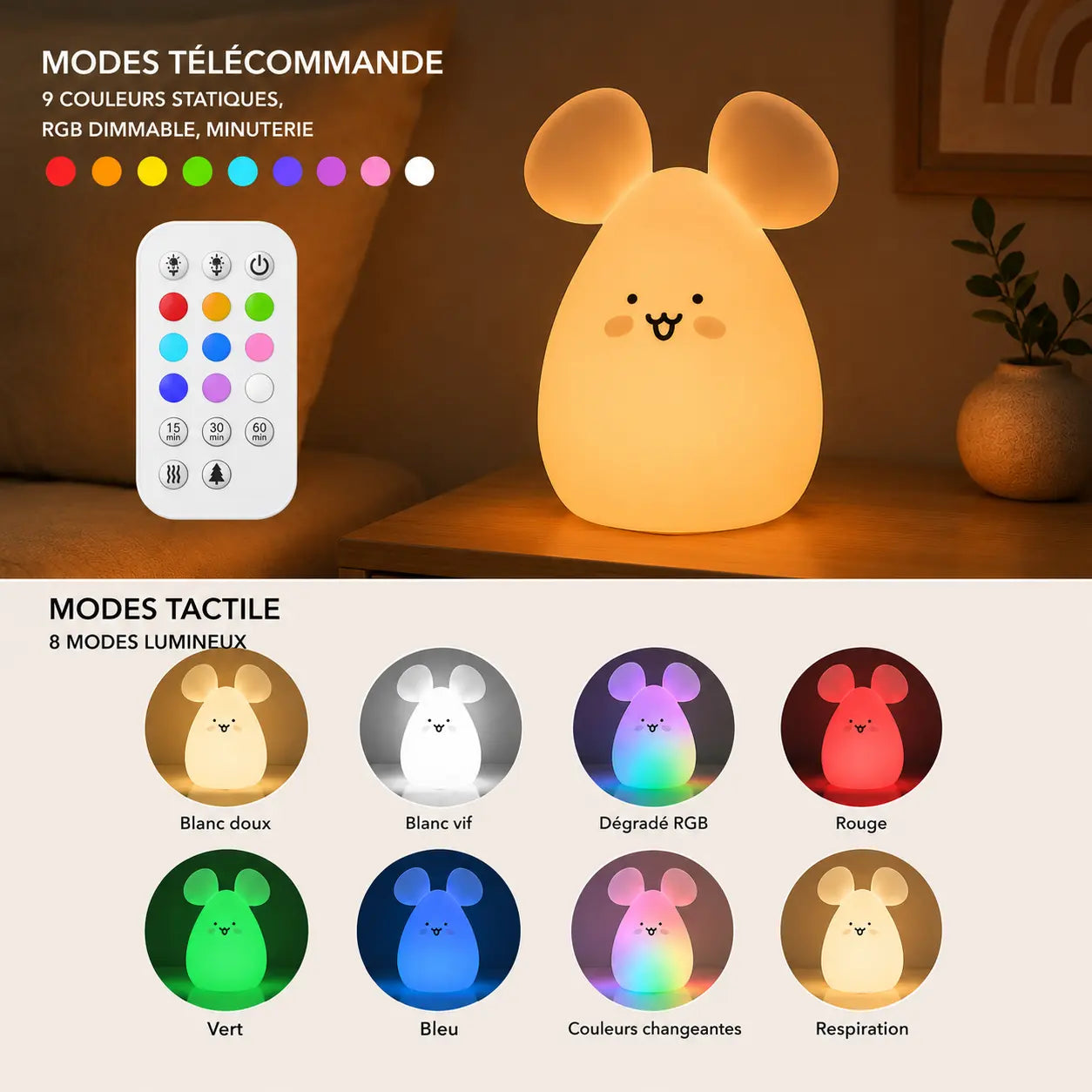 Infographie en français détaillant les modes télécommande et les modes tactiles de la veilleuse souris.