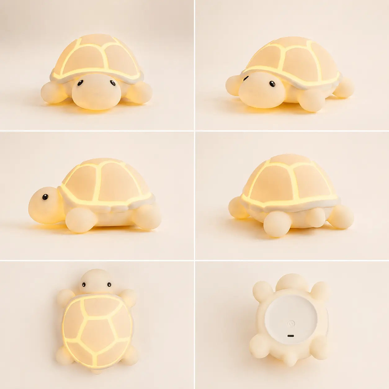 Planche produit d'une veilleuse tortue en silicone souple allumée sous six angles différents : de face, de trois-quarts, de profil, de trois-quarts arrière, vue du dessus mettant en valeur les motifs du dos, et vue du dessous montrant le bouton d'alimentation et le port de charge.