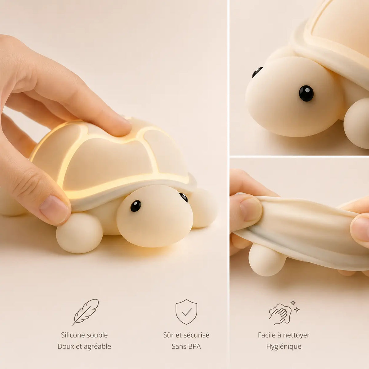 Planche explicative en français de la veilleuse tortue montrant une main qui presse sa carapace illuminée et qui étire son silicone souple, avec des icônes détaillant ses avantages : silicone souple doux et agréable, sûr et sécurisé sans BPA, et facile à nettoyer et hygiénique.