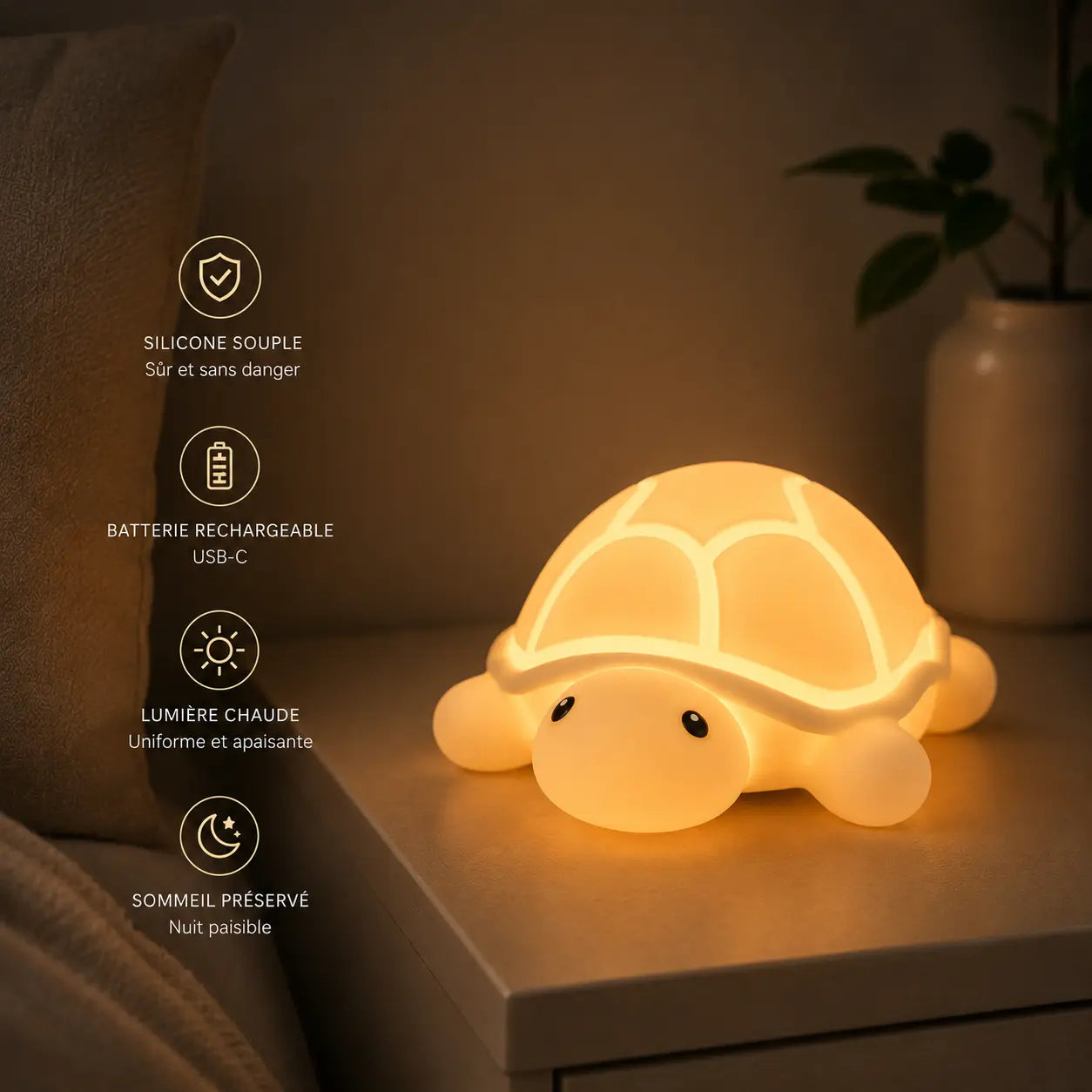 Infographie en français d'une veilleuse en silicone en forme de petite tortue allumée sur une table de chevet, détaillant ses bénéfices : silicone souple sûr et sans danger, batterie rechargeable USB-C, lumière chaude uniforme et apaisante pour un sommeil préservé.
